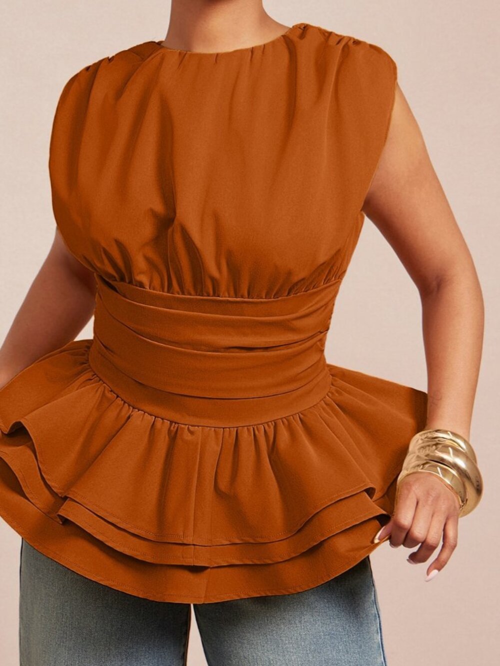 Burnt Orange Casual Women's Ruched Sleeveless Peplum Top